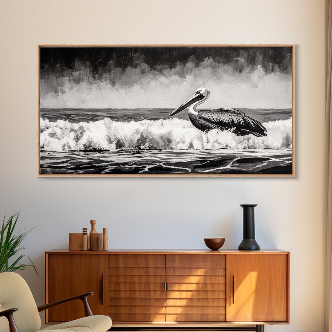 Pelican, coastal wall art, nautical painting, black and white art, seascape painting, ocean bird, Framed Canvas Print, beach decor