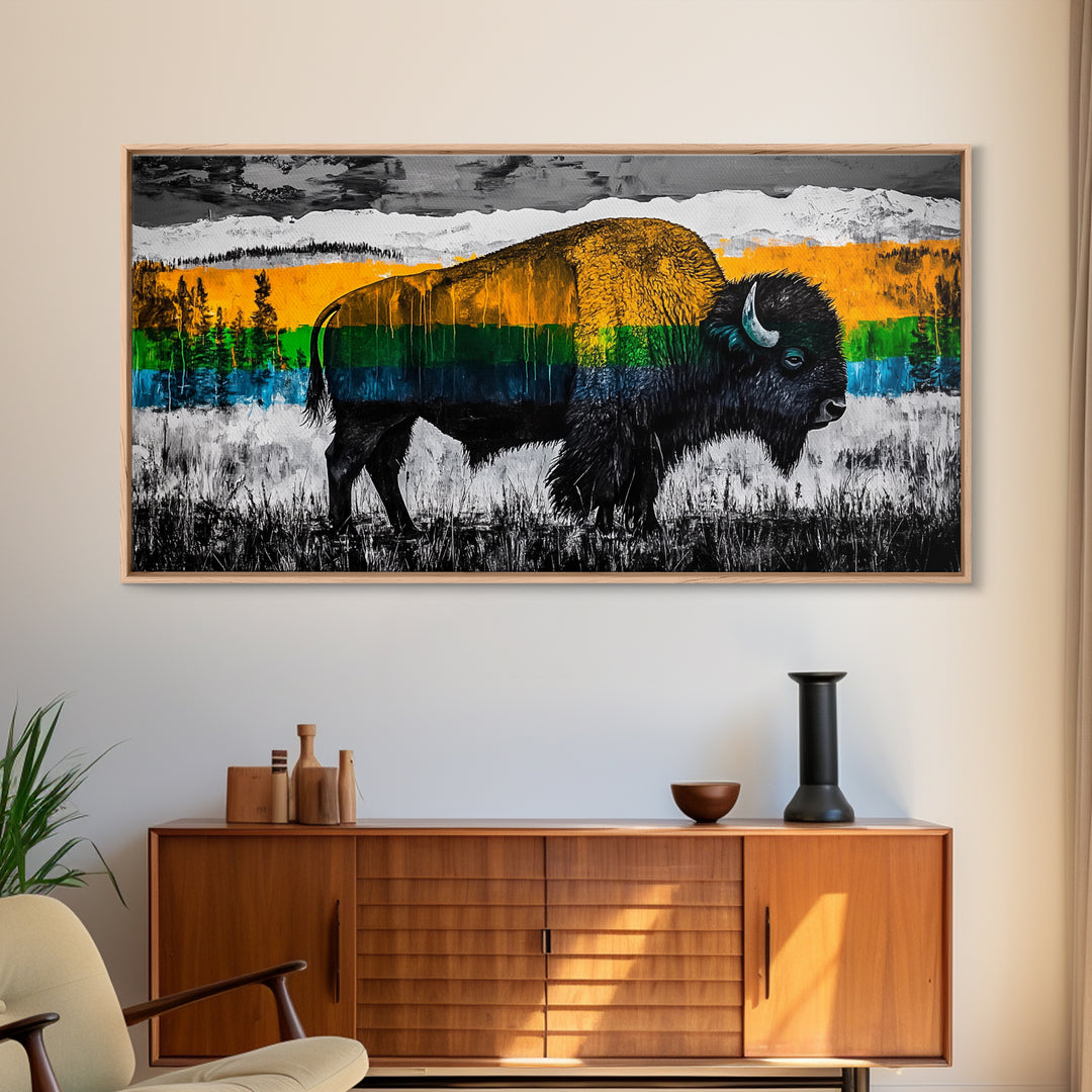 Bison, rustic wall art, mountain painting, western decor, wildlife art, Joshua tree art, extra wide art, Framed Canvas Print, moody art