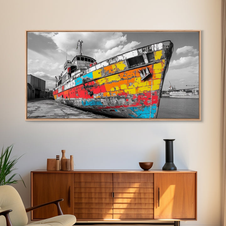Colorful Rusted Ship Canvas Print | Nautical Wall Art | Coastal Painting | Moody Art | Extra Wide Art | Above Sofa Art | Wabi Sabi Art