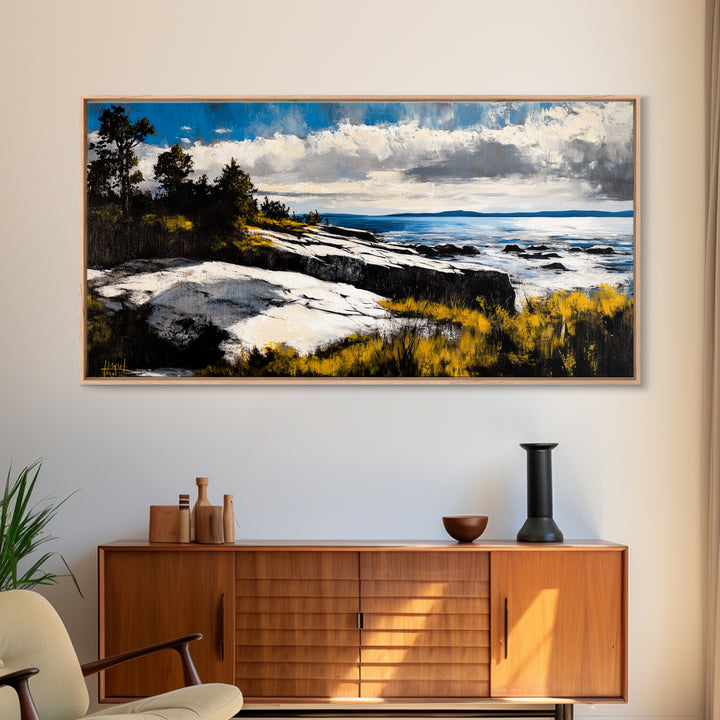 Coastal Landscape, Maine oil painting, seascape painting, landscape painting, nautical wall art, extra wide art, framed canvas print