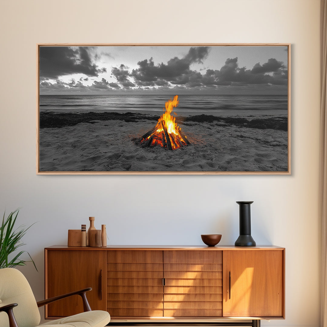 Campfire on Beach Framed Canvas Print | Seascape Painting | Coastal Wall Art | Moody Art | Rustic Decor | Extra Wide Art | Nautical Painting
