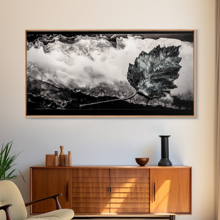Nature Leaf Art, Monochrome Painting, Abstract Botanical Prints, Black and White Art, Modern Wall Decor, Framed Canvas Print, Rustic Art
