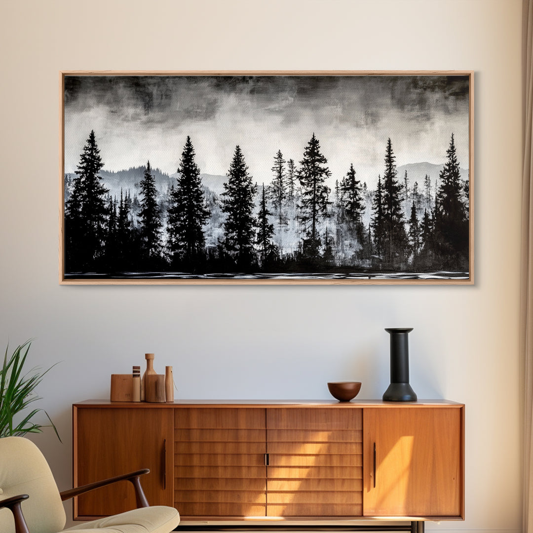 Pine Tree Forest, Moody Landscape Painting, Black and White Wall Art, Nature Wall Art, Extra Wide Art, Framed Canvas Print, Rustic Decor