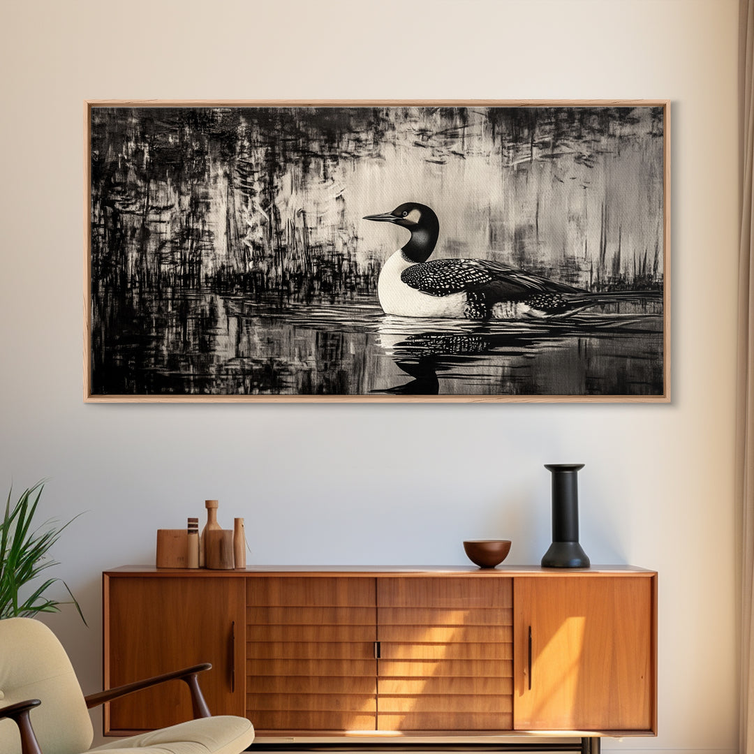 Loon Bird Art, Black and White Painting, Wildlife Wall Art, Rustic Decor, Framed Canvas Print, Lake House Art, Nature Lover Gift