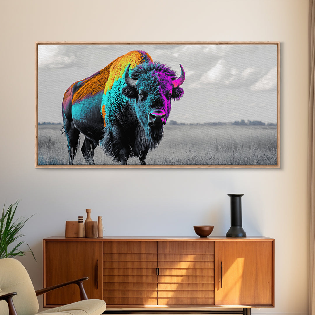 Neon Buffalo Portrait Canvas Print | Western Wall Art | Afrocentric Art | Moody Art | Rustic Decor | Southwest Art | Extra Wide Art.