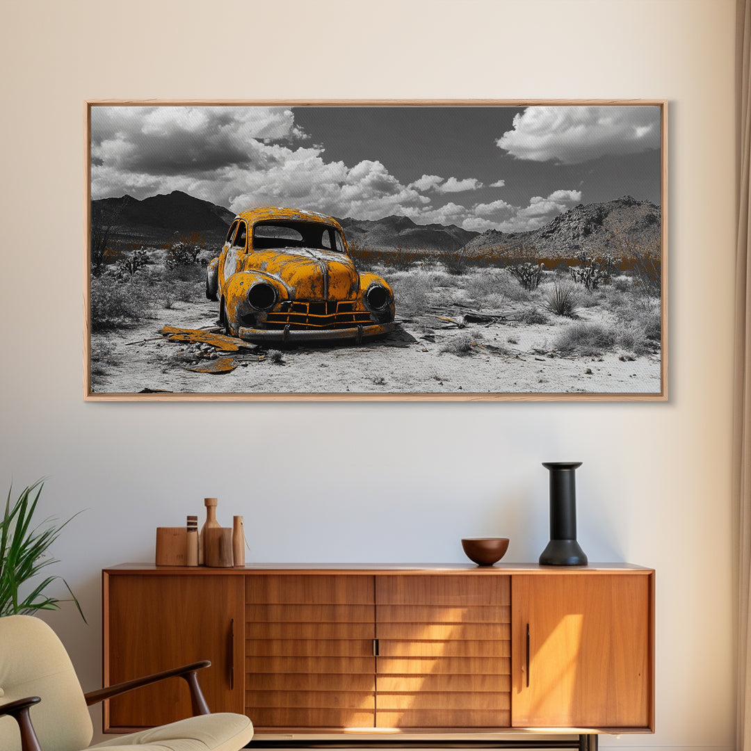 Abandoned Car in Desert Framed Canvas Print | Custom Car Painting | Moody Art | Southwest Wall Art | Wabi Sabi Art | Extra Wide Art