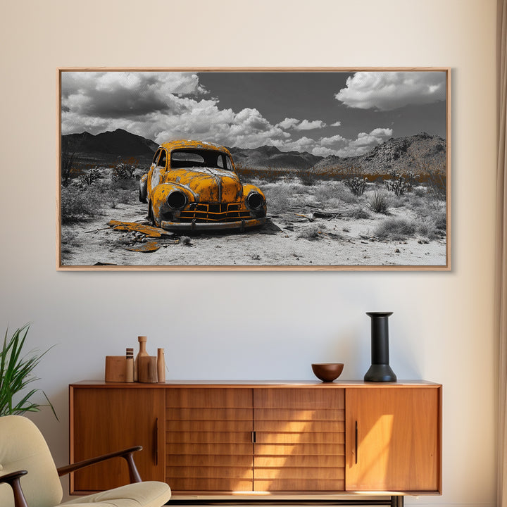 Abandoned Car in Desert Framed Canvas Print | Custom Car Painting | Moody Art | Southwest Wall Art | Wabi Sabi Art | Extra Wide Art