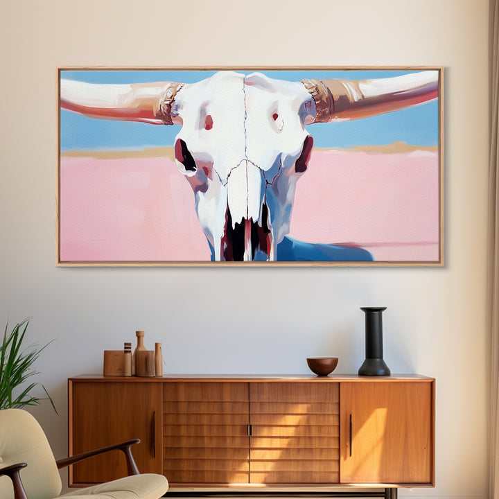 Bull Skull Painting, Southwest Wall Art, Pink and Blue Art, Rustic Western Decor, Framed Canvas Print, Extra Wide Art, Boho Art