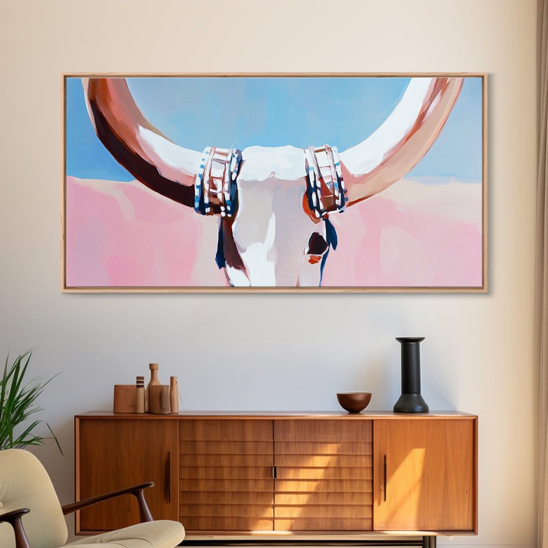 Bull Skull, Skull Art, Rustic Wall Art, Wabi Sabi Art, Southwest Wall Art, Long Narrow Wall Art, Canvas Print, Farmhouse Art, Extra Wide Art