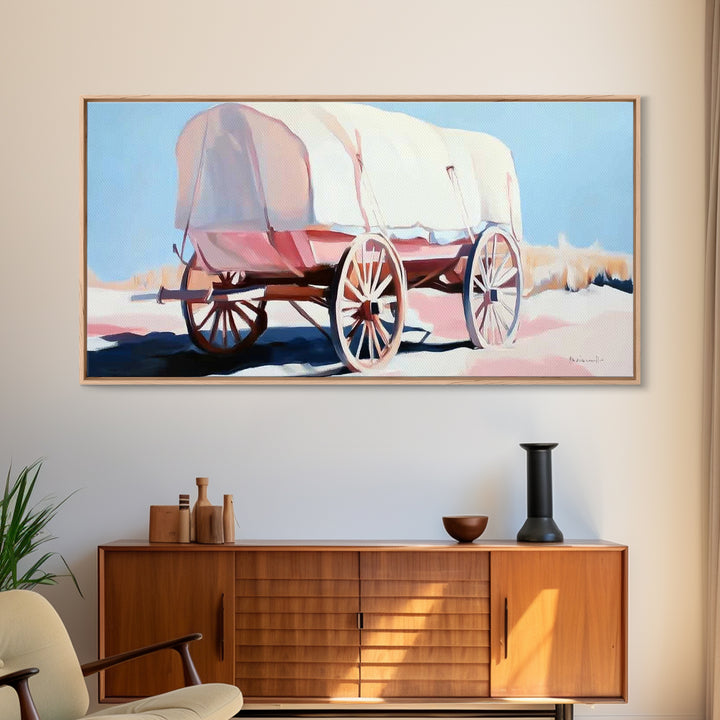Covered Wagon, Vintage Western Art, Rustic Wall Art, Farmhouse Art, Coastal Cowgirl Wall Art, Light Pink Wall Art, Framed Canvas Print, Extra Wide Art