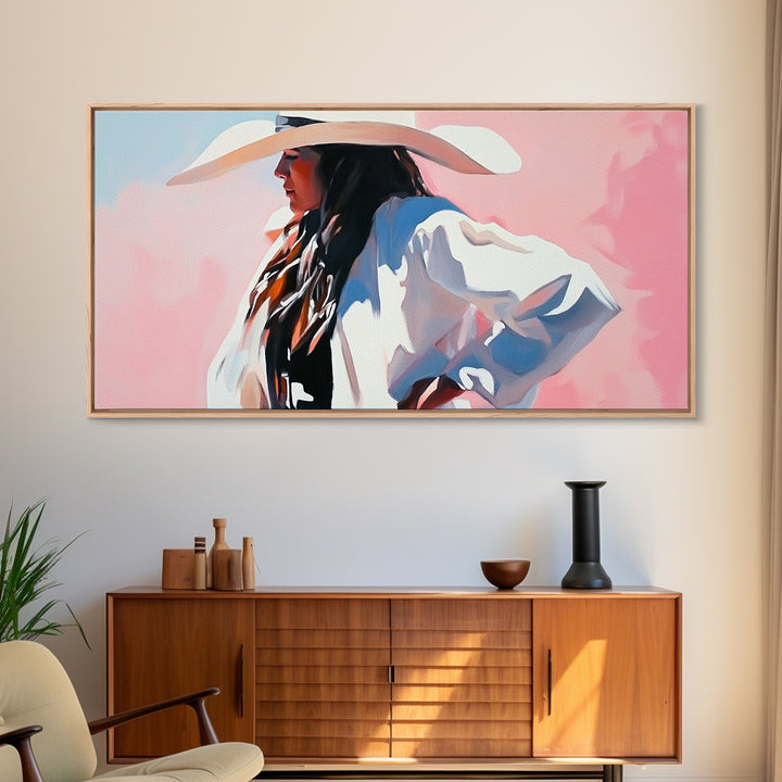 Cowgirl in White, Black Cowgirl Painting, Coastal Cowgirl Wall Art, Rustic Decor, Light Pink Wall Art, Canvas Print, Bedroom Art, Moody Art