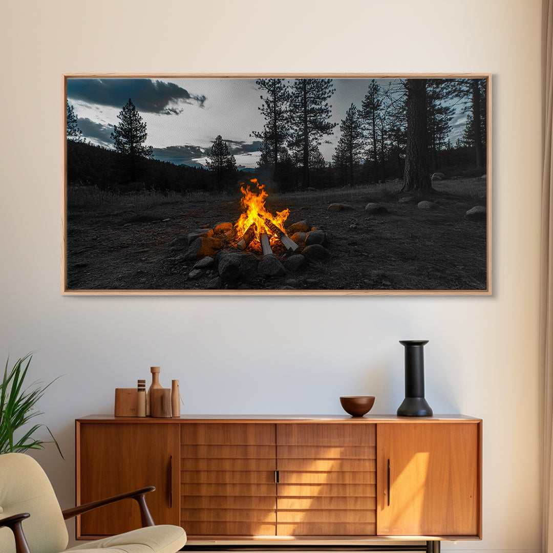 Campfire Under Pine Trees Canvas Print | Forest at Dusk Painting | Rustic Wall Art | Moody Landscape Art | Above Sofa Art | Extra Wide Art