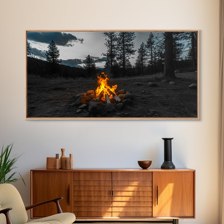 Campfire Under Pine Trees Canvas Print | Forest at Dusk Painting | Rustic Wall Art | Moody Landscape Art | Above Sofa Art | Extra Wide Art