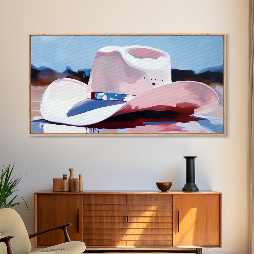 Cowboy hat, western art, farmhouse art, framed canvas print, rustic wall art, gift idea, wabi sabi art, pink abstract art, lofi art