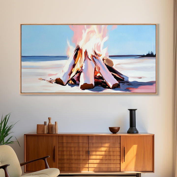 Campfire, moody art, coastal landscape art, framed canvas print, rustic decor, fire painting, extra wide art, landscape painting