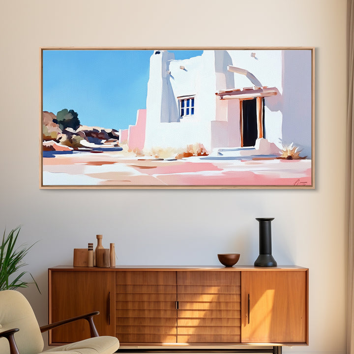 Adobe house, southwest art, rustic decor, framed canvas print, landscape painting, minimalist art, extra wide art, Joshua tree art