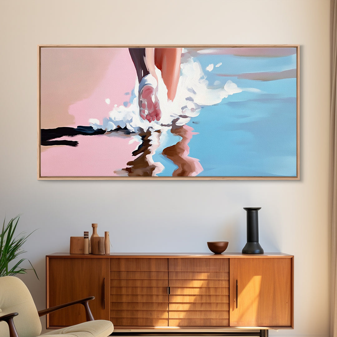Barefoot Beach Walk, coastal decor, ocean painting, seascape painting, pink abstract art, light pink wall art, canvas print