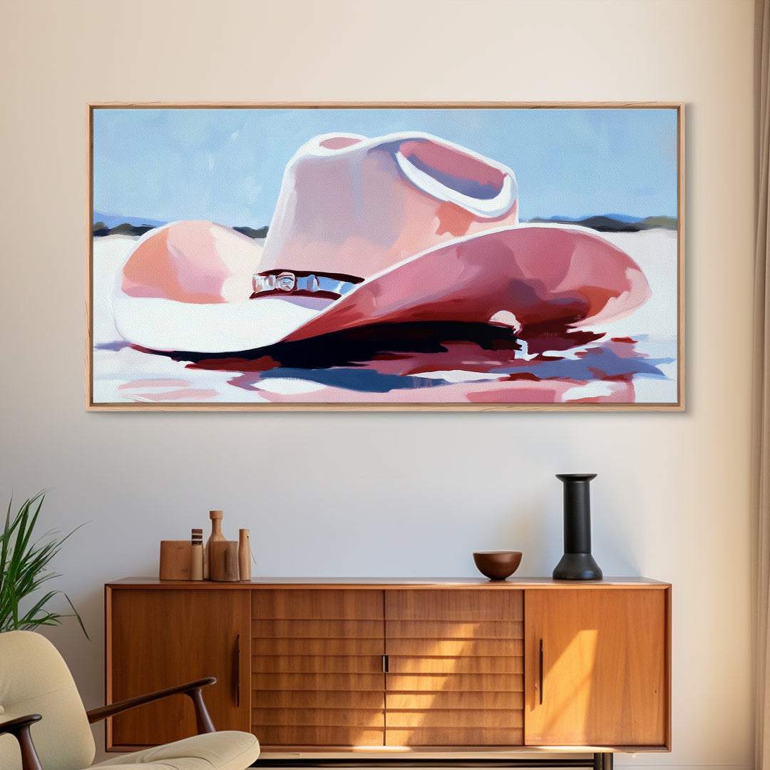 Cowboy Hat in Desert, western art, vintage cowgirl, rustic wall art, pink wall art, light pink wall art, framed canvas print