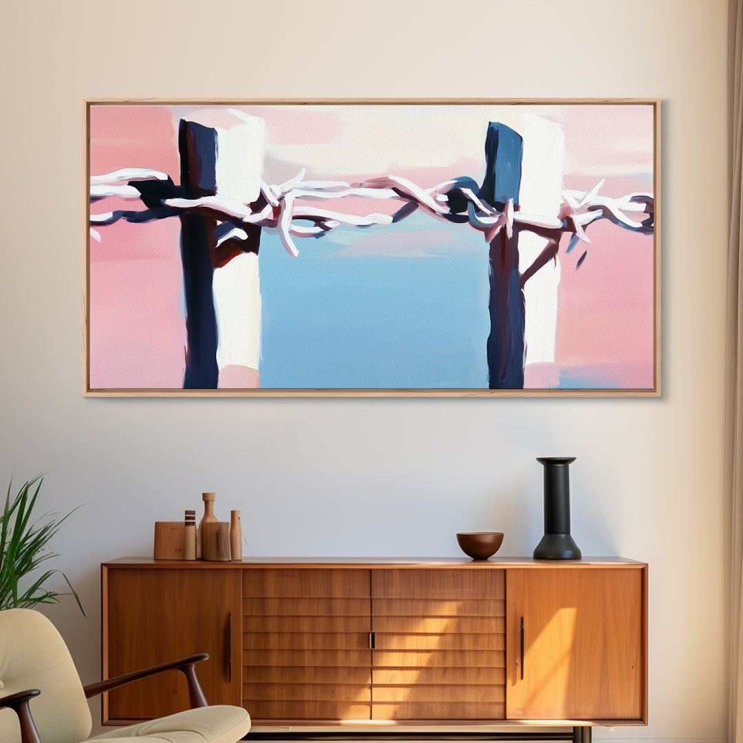 Barbed Wire Fence, rustic decor, pink abstract art, southwest wall art, minimalist art, boho art, framed canvas print