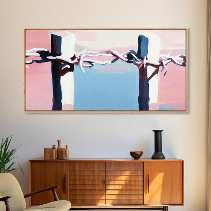 Barbed Wire Fence, rustic decor, pink abstract art, southwest wall art, minimalist art, boho art, framed canvas print