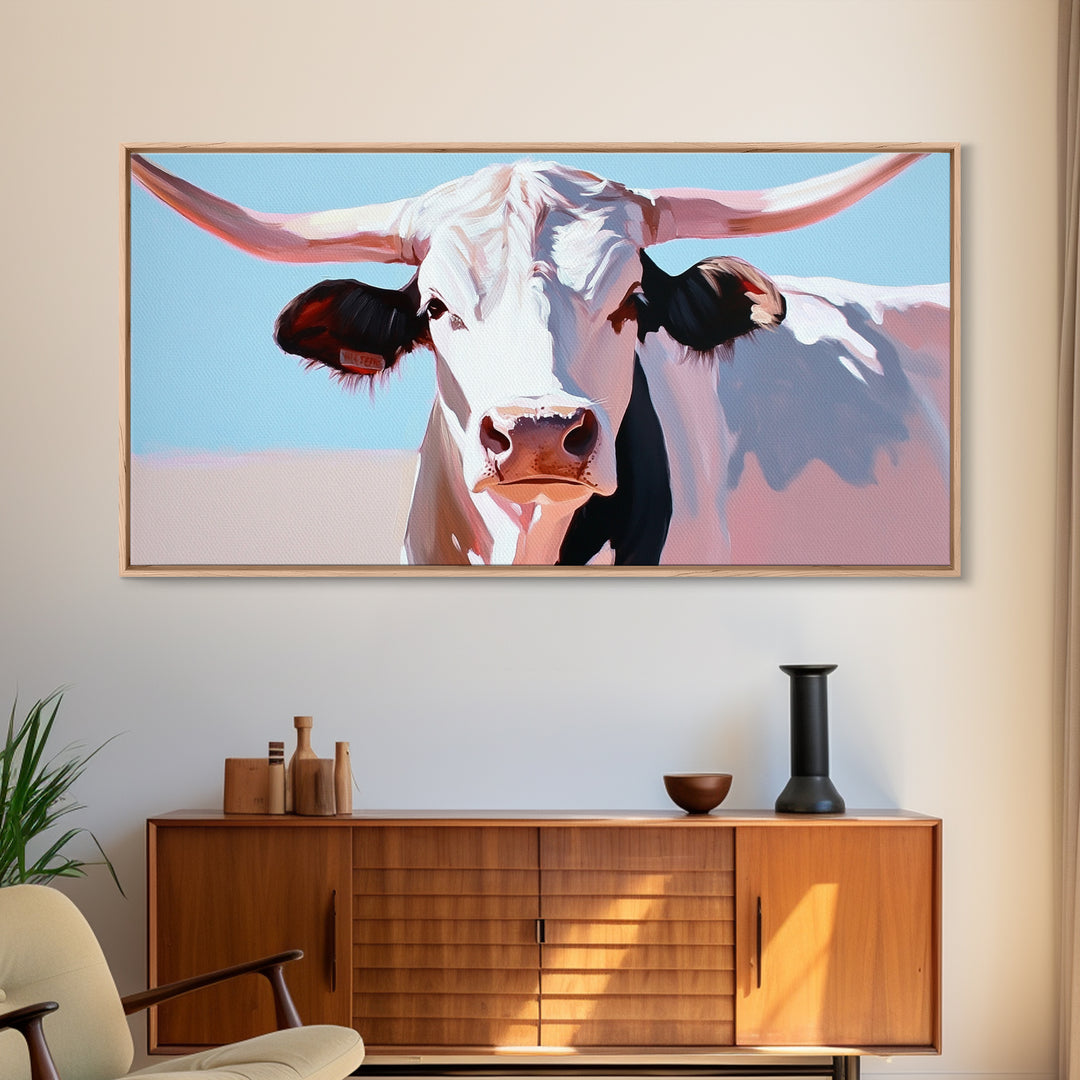 Bull And Bear Art, Rustic Wall Art, Farmhouse Art, Vintage Western Painting, Coastal Cowgirl Art, Framed Canvas Print, Above Couch Art