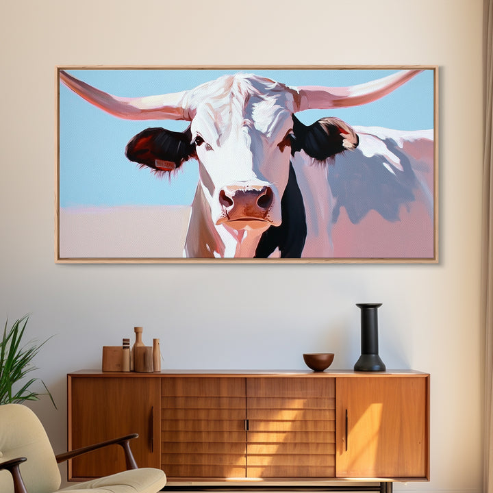 Bull And Bear Art, Rustic Wall Art, Farmhouse Art, Vintage Western Painting, Coastal Cowgirl Art, Framed Canvas Print, Above Couch Art