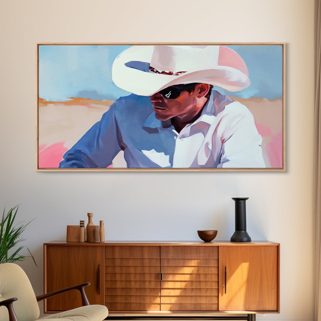 Cowboy Painting, Western Art, Rustic Wall Art, Coastal Cowgirl Art, Lofi Art, Chicano Art, Framed Canvas Print, Extra Wide Art, Panoramic Art