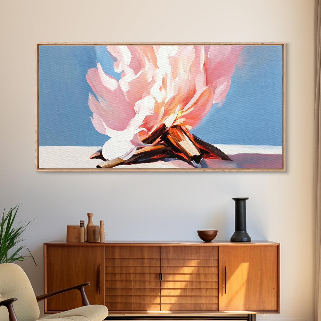 Campfire Painting, Rustic Art, Moody Art, Cozy Wall Art, Southwest Wall Art, Extra Wide Art, Framed Canvas Print, Above Couch Art, Panoramic Art