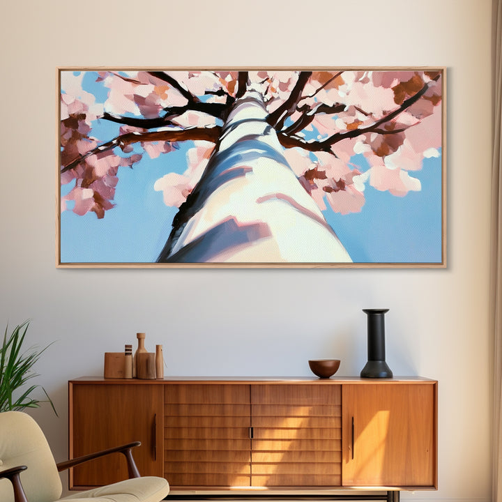 Cherry Blossom Painting, Birch Tree Art, Pink Wall Art, Botanical Prints, Extra Wide Art, Canvas Print, Above Sofa Art, Horizontal Wall Art