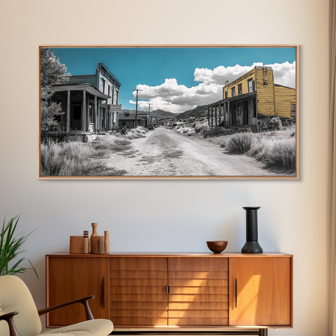 Abandoned Ghost Town Canvas Print Rustic Wall Art Western Landscape Painting Wabi Sabi Art Above Couch Art Extra Wide Horizontal Art