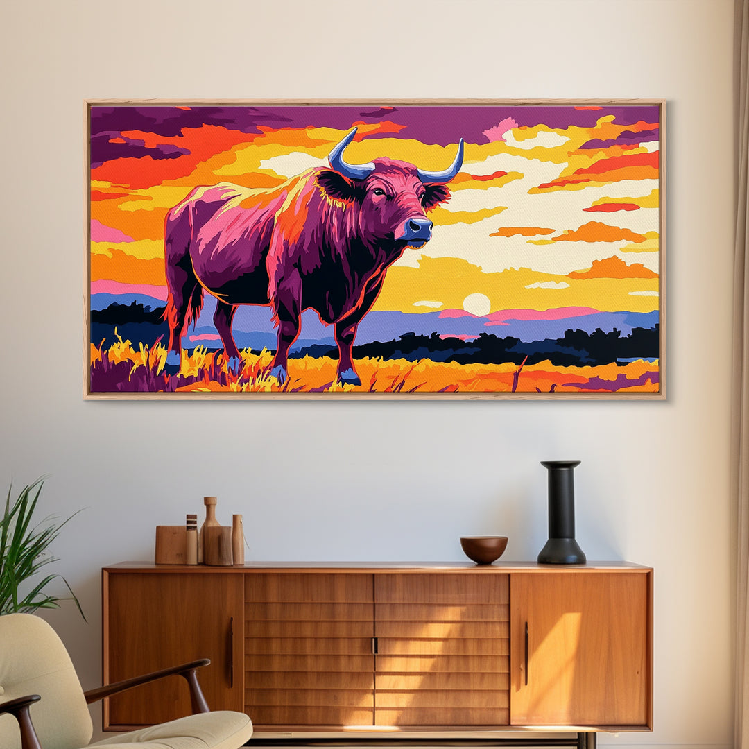 Bull Sunset, bull and bear art, rustic wall art, farmhouse decor, sunset painting, moody art, framed canvas print