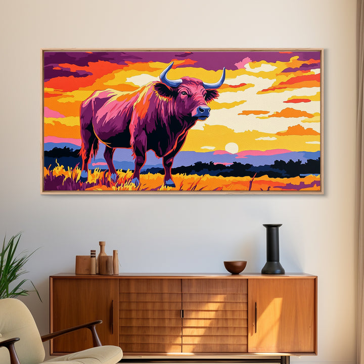 Bull Sunset, bull and bear art, rustic wall art, farmhouse decor, sunset painting, moody art, framed canvas print