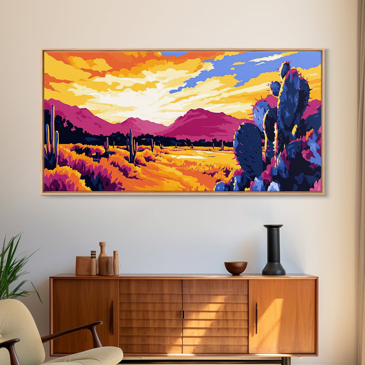 Desert Cactus, southwest wall art, mountain painting, rustic decor, landscape painting, panoramic art, Framed Canvas Print, extra wide art