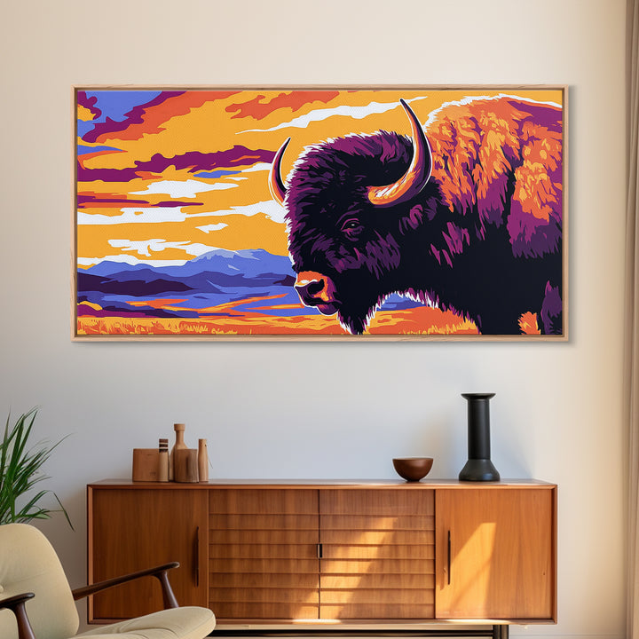 Bison Plains, rustic wall art, mountain painting, southwest wall art, landscape painting, extra wide art, Framed Canvas Print, farmhouse decor