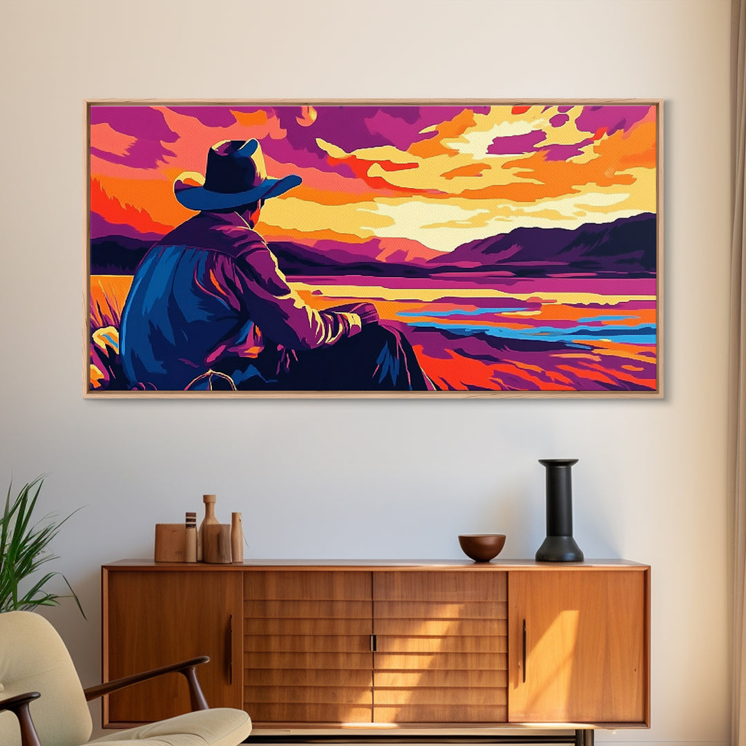 Cowboy Sunset, western art, landscape painting, rustic decor, panoramic art, farmhouse art, Framed Canvas Print, gift idea, extra wide art