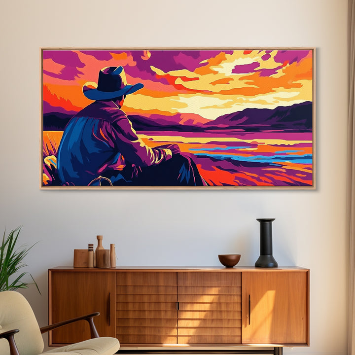 Cowboy Sunset, western art, landscape painting, rustic decor, panoramic art, farmhouse art, Framed Canvas Print, gift idea, extra wide art