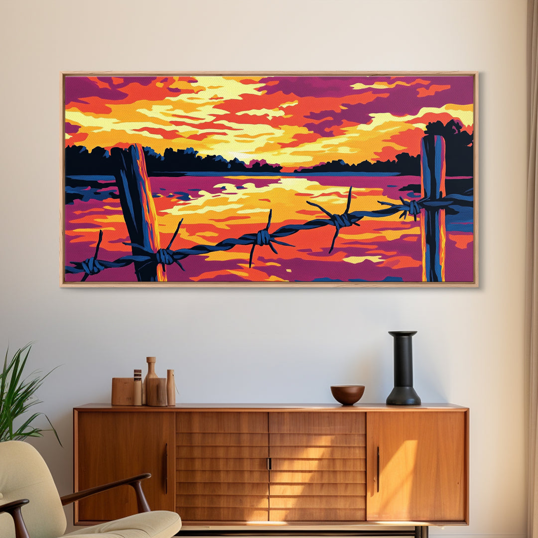 Barbed wire, rustic fence, cowboy art, sunset glow, farmhouse wall art, panoramic painting, western landscape, framed canvas print