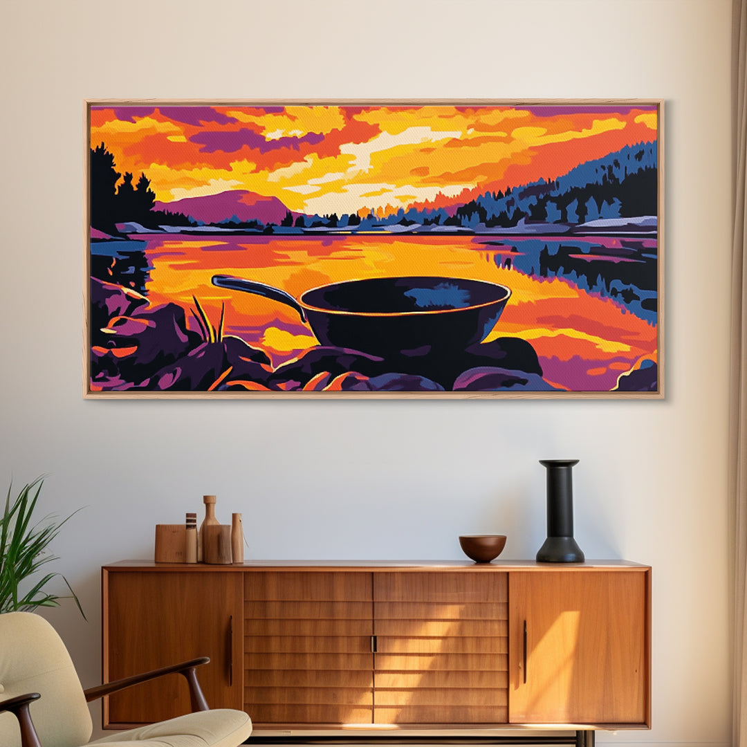 Cast iron pan, outdoor cooking, cowboy camping, rustic kitchen decor, lakeside sunset, nostalgic western art, framed canvas print