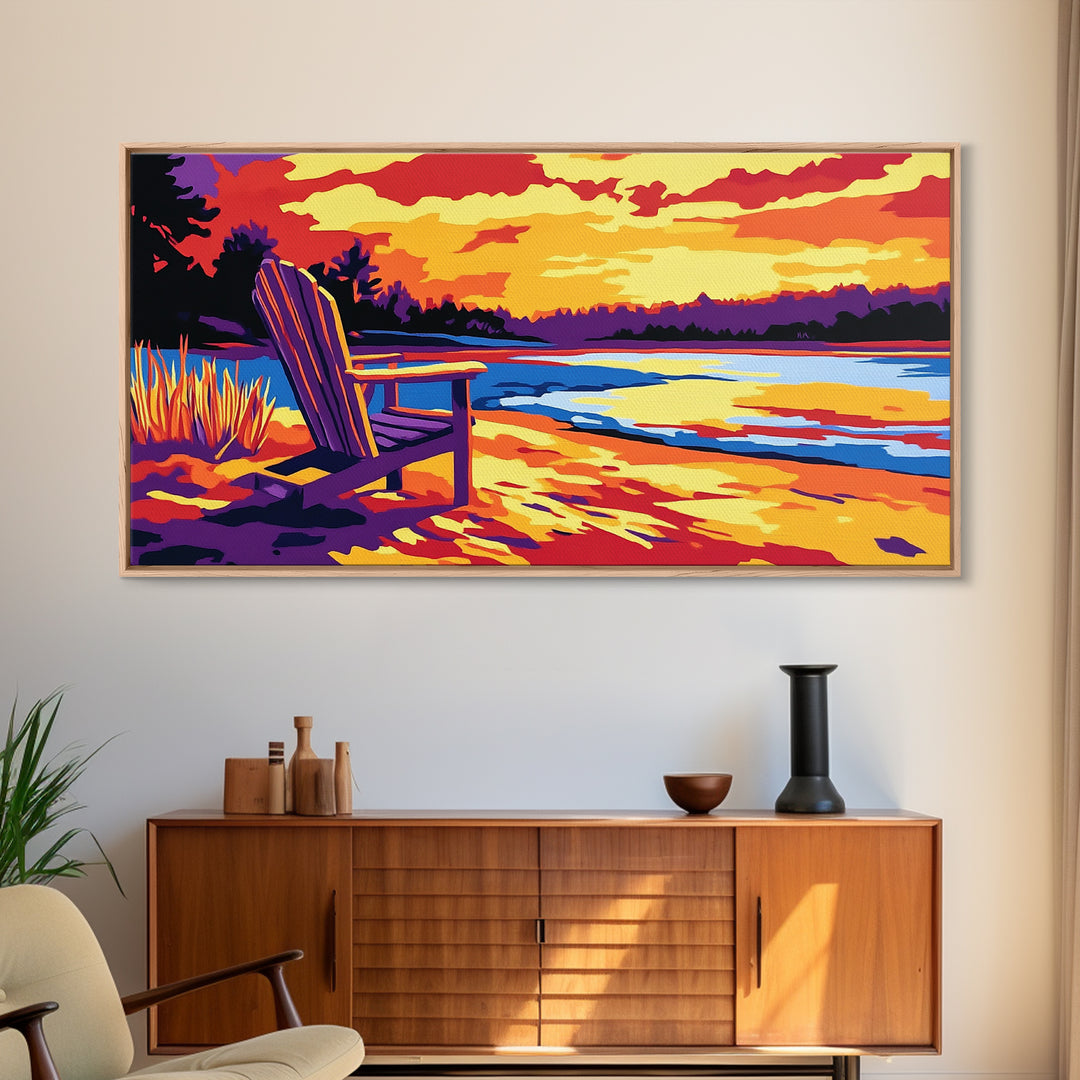 Adirondack chair, lake view, relaxing sunset, cabin art, rustic landscape, extra wide art, nature lover decor, canvas print