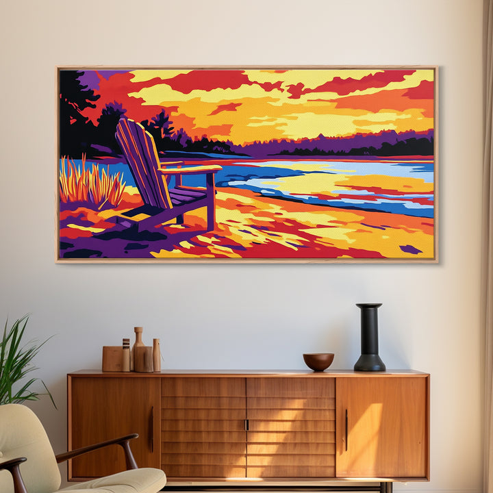 Adirondack chair, lake view, relaxing sunset, cabin art, rustic landscape, extra wide art, nature lover decor, canvas print