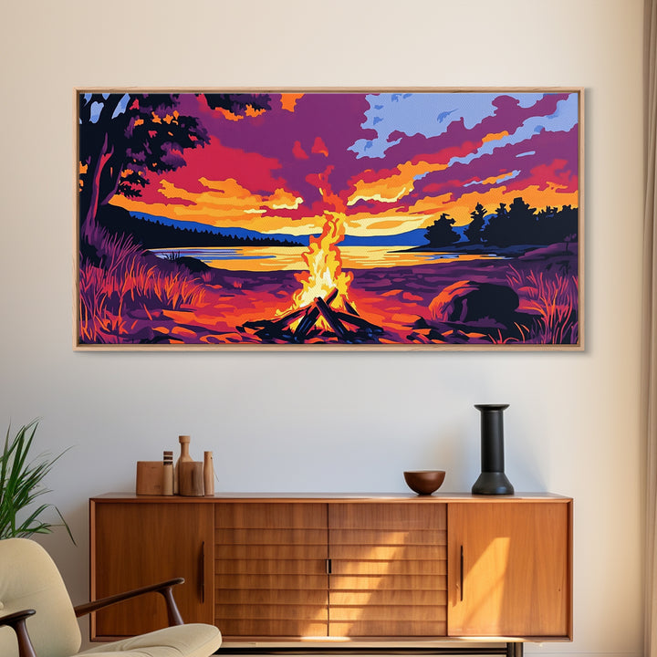 Bonfire, lakeside evening, autumn wall art, warm sunset painting, outdoor adventure art, extra wide art, framed canvas print