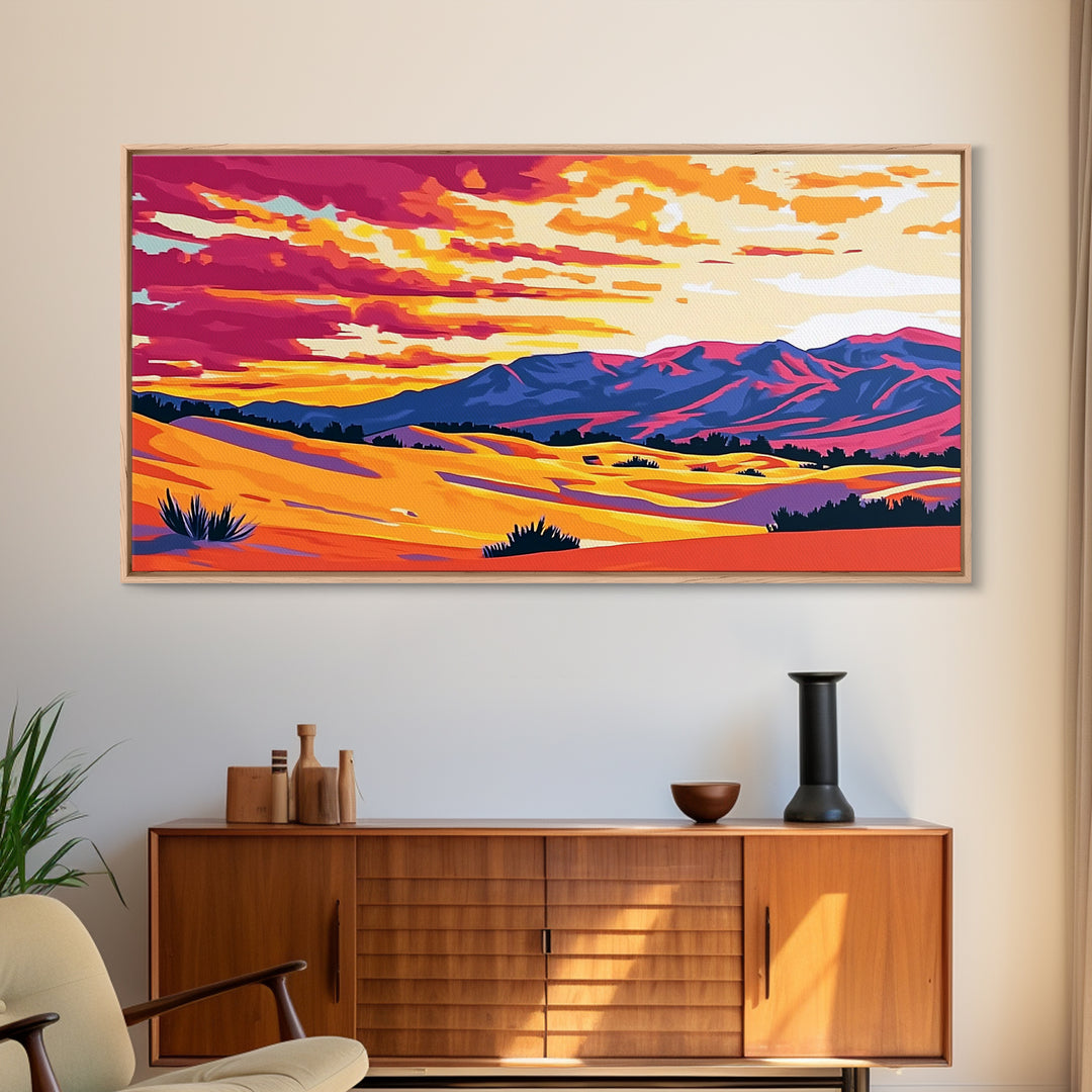 Desert dunes, mountain painting, western sunset, scenic landscape art, minimalist boho decor, panoramic art, framed canvas print