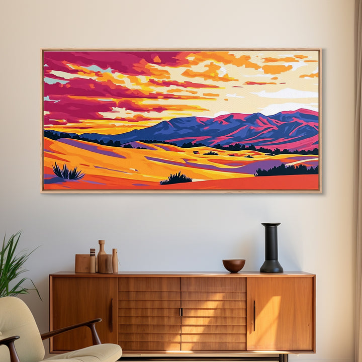 Desert dunes, mountain painting, western sunset, scenic landscape art, minimalist boho decor, panoramic art, framed canvas print