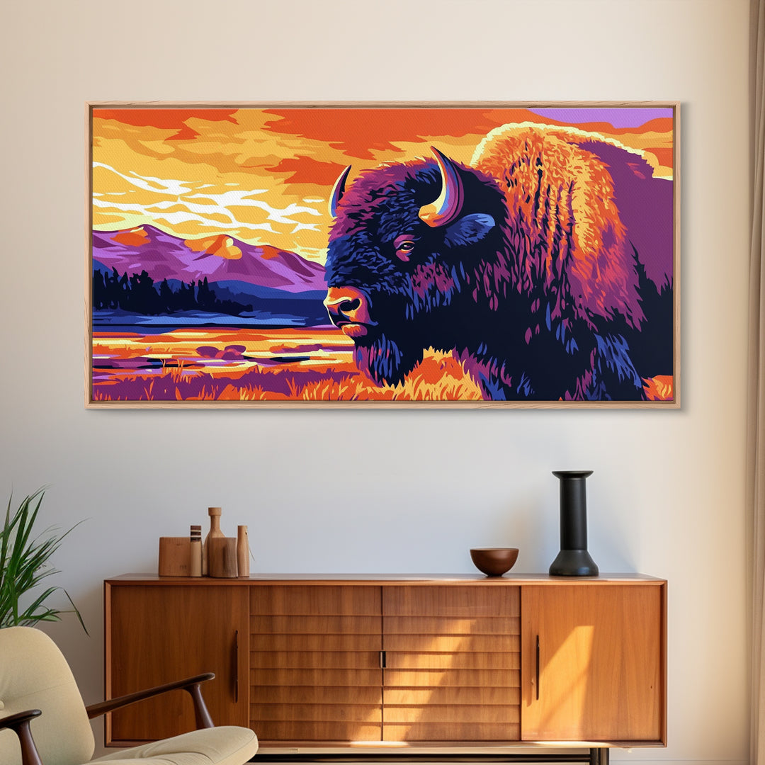 Bison, mountain scenery, rustic wildlife decor, western art, nature lover gift idea, farmhouse wall art, framed canvas print