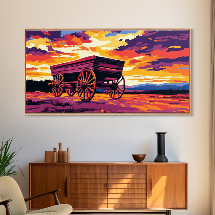 Covered wagon, prairie landscape, rustic western art, historical painting, farmhouse decor, extra wide art, framed canvas print