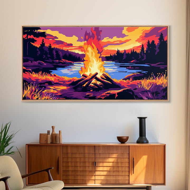 Campfire, lake sunset, rustic art, outdoor decor, cozy cabin wall art, smoky mountain art, framed canvas print, horizontal wall art