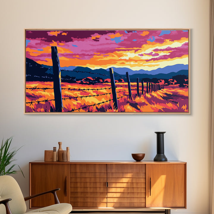 Barbed Fence, rustic art, country painting, extra wide art, farmhouse wall art, landscape painting, horizontal wall art, Framed Canvas Print