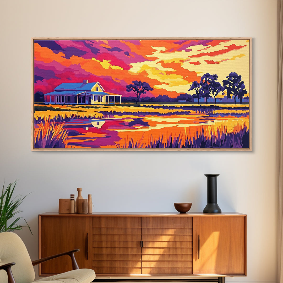 Rural Farmhouse, Rustic Wall Art, Barn Landscape Oil Painting, Farmhouse Art, Framed Canvas Print, Panoramic Art, Above Bed Wall Art