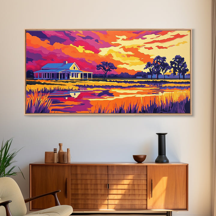 Rural Farmhouse, Rustic Wall Art, Barn Landscape Oil Painting, Farmhouse Art, Framed Canvas Print, Panoramic Art, Above Bed Wall Art