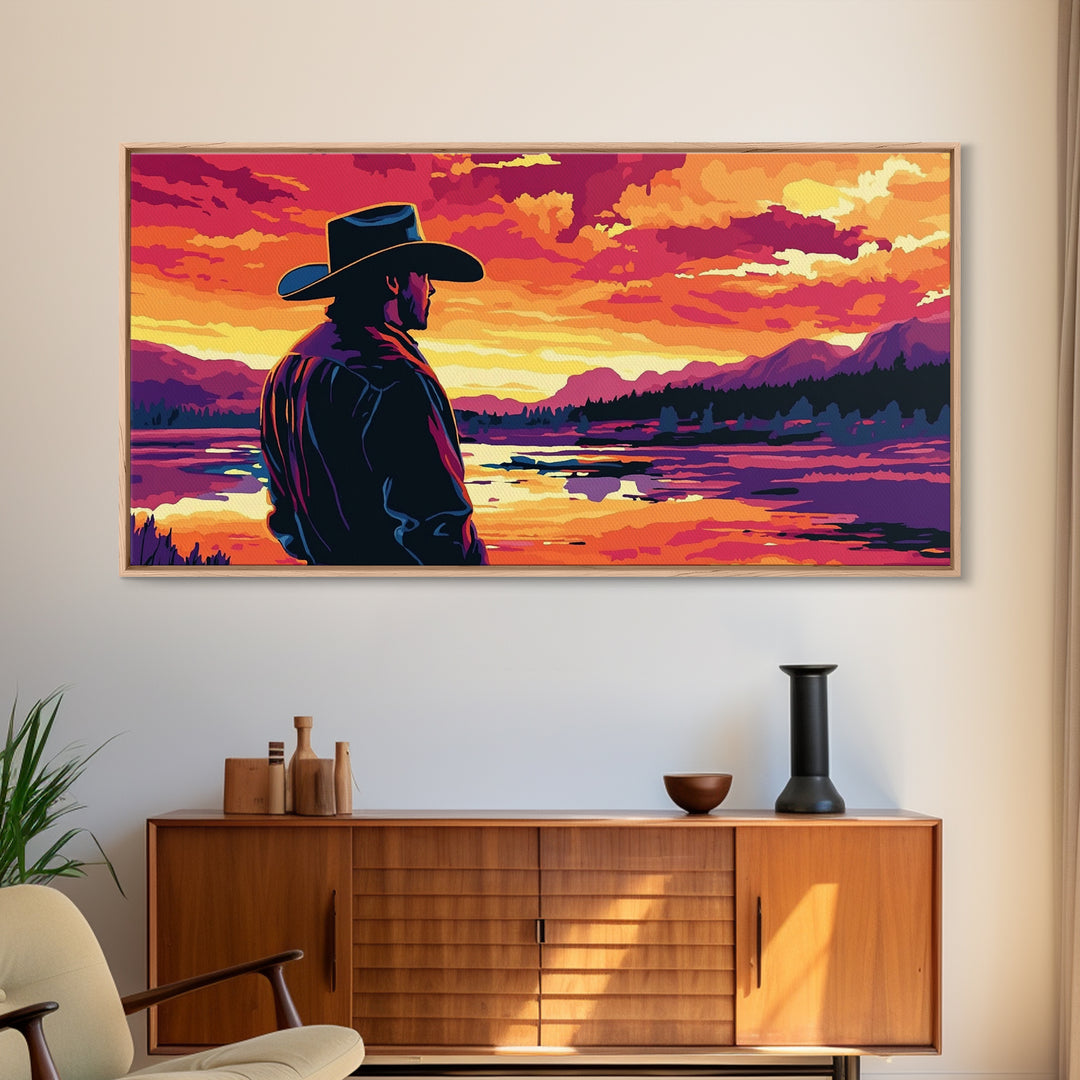 Cowboy Silhouette, Western Art, Southwest Wall Art, Rustic Decor, Moody Art, Framed Canvas Print, Gift Idea, Panoramic Art, Horizontal Wall Art